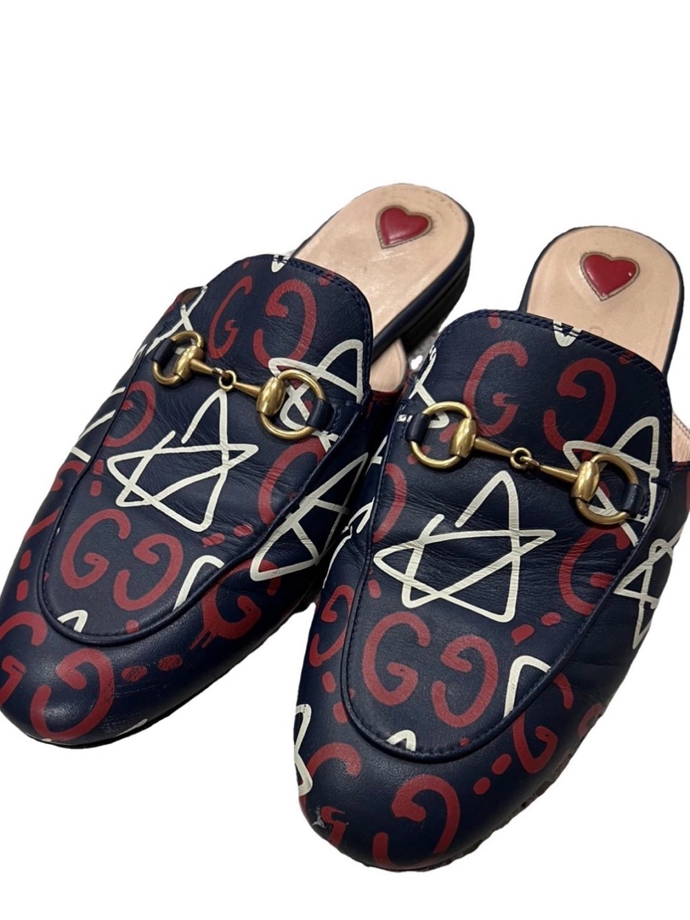 Gucci Navy, Red & White Horsebit Graphic Leather Slip-On Mules